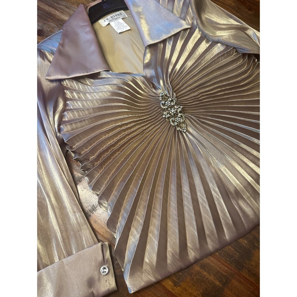 J.R. Nites by Caliendo Gold Pleated Rhinestone Accent‎ Blouse Size 16 Vintage